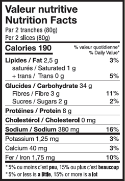 Valeur nutritive Pain 100 % blé entier tranché épais